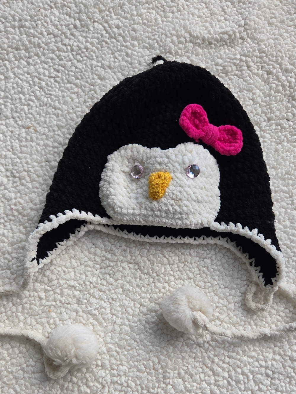 Kids Black Penguin Earflap Hat with Pink Bow